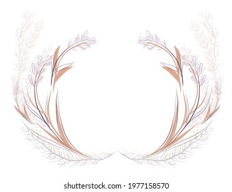 Round delicate floral frame with a steppe flower and plants. Vector sketch wreath for logos, icons and invitations. Save the date. Delicate herbal drawing with copy space.