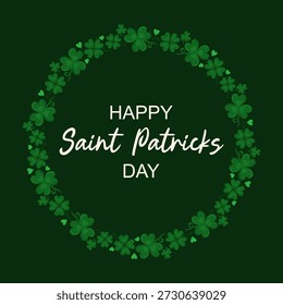 Round delicate frame made of clover. Floral ornament On dark green background. Saint Patricks Day. Hand drawn vector illustration.