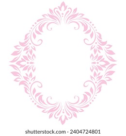 Round delicate vintage frame, wreath, border of stylized leaves, flowers and curls. Retro, victorian style. Pink lines on white background. Vector backdrop, wallpaper, card