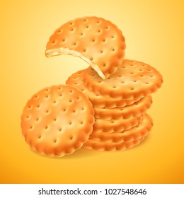 Round delicious cookies or crackers isolated on yellow background. The bitten shape of biscuit. Crispy baking. Vector 3d illustration for your design packing or advertising.