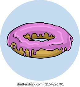 Round delicious donut poured with pink fruit glaze, vector cartoon illustration on a round light background