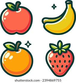 Round delicious fruits. Banana, apple, orange and strawberry. Glossy vector.