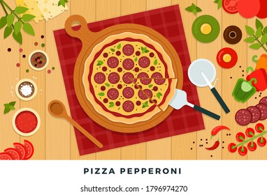 Round delicious pizza pepperoni vector illustration in flat design. Popular fast food. Top view.