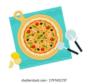 Round delicious pizza seafood. Vector flat illustrations. Favorite fast food. Tools for pizza.