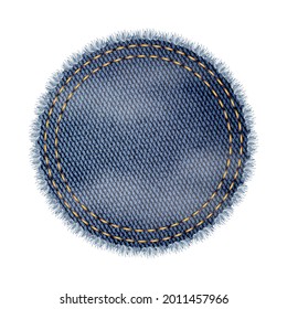 Round Denim Shape Accessory For Fix Clothes Vector. Blank Circle Fabric Denim Shape For Fixing Or Decorate Clothing. TextileJeans Material Fashion Canvas Template Realistic 3d Illustration