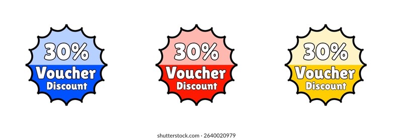 Round design of a 30% discount voucher with three colors variations.