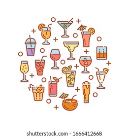 Round design with alcoholic drinks and cocktails elements isolated on white background. Vector illustration.