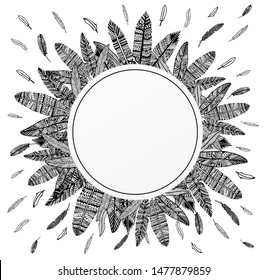 Round design, background with black and white feathers. Drawing isolated on a white background.