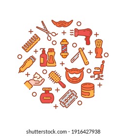 Round design with barbershop or hair salon elements isolated on white background. Vector illustration.