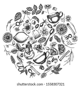 Round design with black and white cinnamon, lemons, oranges, tea bag, sugar cubes, heather, chamomile, dog rose, peppermint, almond, strawberry, teaspoon, teapots, cups, sugar bowl