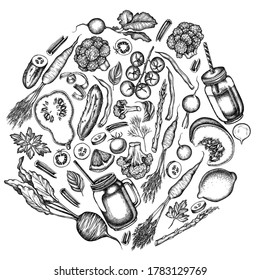 Round design with black and white lemons, broccoli, radish, green beans, cherry tomatoes, beet, greenery, carrot, basil, pumpkin, smoothie cup, smothie jars, cucumber, celery
