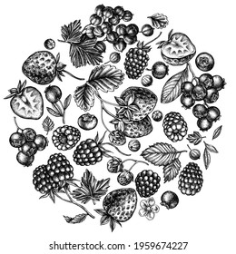 Round design with black and white strawberry, blueberry, red currant, raspberry, blackberry