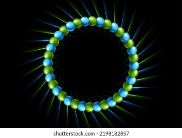 Round design with blue green glossy spheres and glowing rays. Vector neon technology background