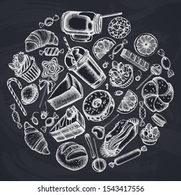 Round design with chalk cinnamon, macaron, lollipop, bar, candies, oranges, buns and bread, croissants and bread, strawberry, milk boxes, smoothie cup, lollipop, smothie jars, cheesecake, eclair