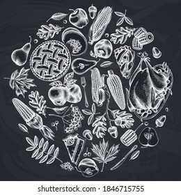 Round design with chalk pumpkin, fork, knife, pears, turkey, pumpkin pie, apple pie, corn, apples, rowan, maple, oak