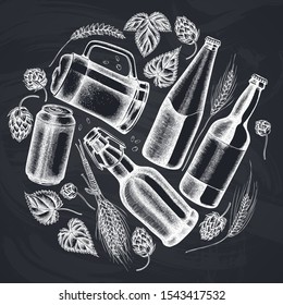 Round design with chalk rye, hop, mug of beer, bottles of beer, aluminum can