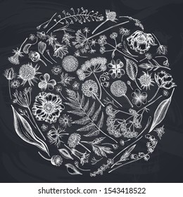 Round design with chalk shepherd's purse, heather, fern, wild garlic, clover, globethistle, gentiana, astilbe, craspedia, lagurus, black caraway, chamomile, dandelion, poppy flower, lily of the valley