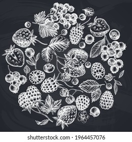 Round design with chalk strawberry, blueberry, red currant, raspberry, blackberry