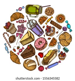 Round design with colored cinnamon, macaron, lollipop, bar, candies, oranges, buns and bread, croissants and bread, strawberry, milk boxes, smoothie cup, lollipop, smothie jars, cheesecake, eclair