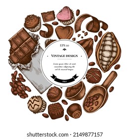Round design with colored cocoa beans, cocoa, chocolate, chocolate candies