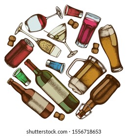 Round design with colored glass, champagne, mug of beer, alcohol shot, bottles of beer, bottle of wine, glass of champagne, glass of wine, glass of martini, aluminum can