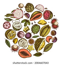 Round design with colored papaya, guava, passion fruit, starfruit, durian, rambutan, pitaya, jackfruit, sugar-apple, soursop, mangosteen