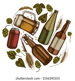 Round design with colored rye, hop, mug of beer, bottles of beer, aluminum can