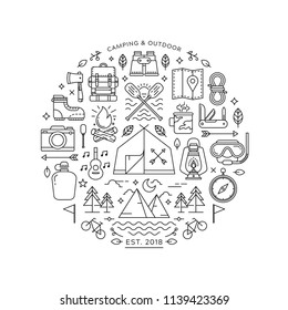 Round design element with Camping and Hiking icons