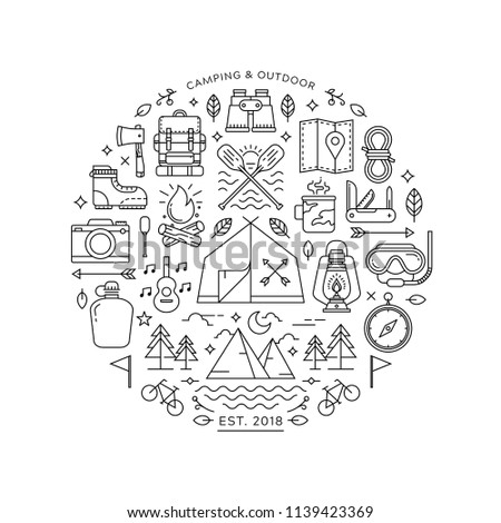 Round design element with Camping and Hiking icons