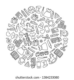 elemento de diseño redondo combinado a partir de iconos de contorno. Juguetes y ropa para niños.