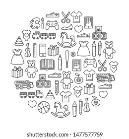 round design element combined from outline icons. Toys and children clothes.