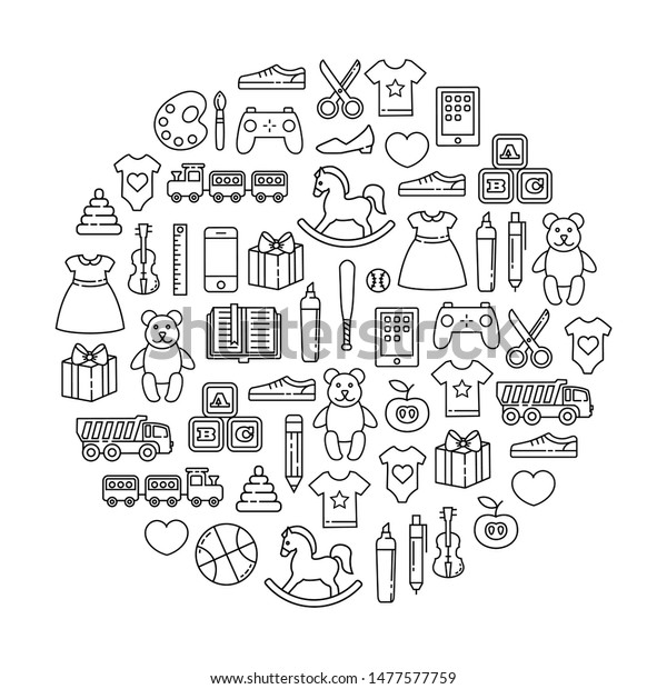 round design element combined from outline\
icons. Toys and children\
clothes.