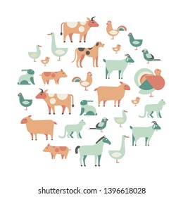 round design element with farm animals and pets