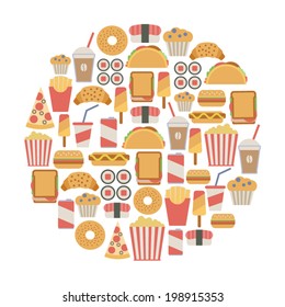 round design element with fast food icons