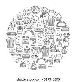 round design element with fast food icons