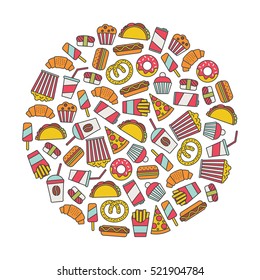 round design element with fast food icons