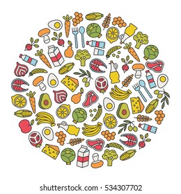 round design element with healthy food icons
