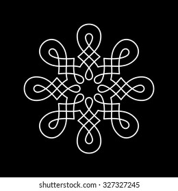 Round design element isolated on black background. Circle pattern in white color. Vector illustration. Could be used for logo, tattoo, monogram, web-design, decoration, etc.