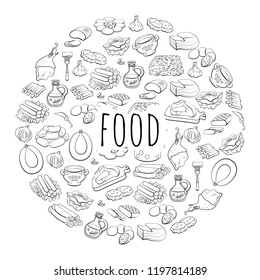 round design element with meat food icons on a white background