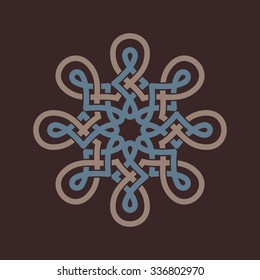 Round design element on brown background. Circle pattern in beige and blue color. Vector illustration. Could be used for logo, tattoo, monogram, web-design, decoration, etc.