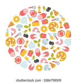 round design element with pizza icons