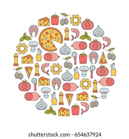 round design element with pizza icons