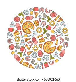 round design element with pizza icons