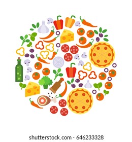 Round design element with pizza ingredients icons. Flat vector illustration isolated on white background.