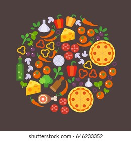Round design element with pizza ingredients icons. Flat vector illustration isolated on dark background.