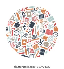 round design element with school icons. Isolated on white