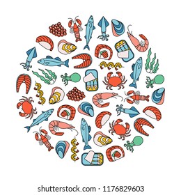 round design element with seafood icons