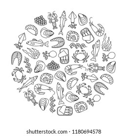 round design element with seafood icons