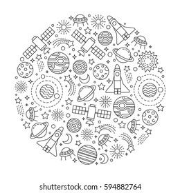 round design element with space motif. minimalistic line design on white background