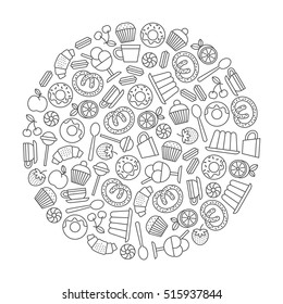 round design element with sweets and desserts icons